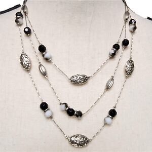 New York & Co Station Necklace Black White Silver‎ Tone Triple Strand Beaded